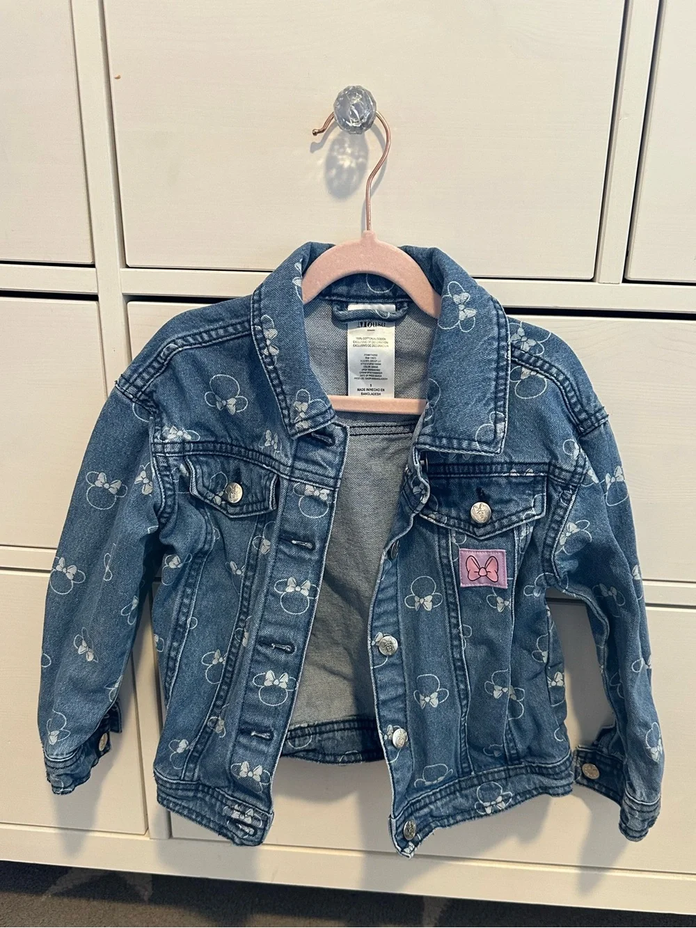 Disney Blue Denim Jacket with Mickey Ear Print and Pink Bow Patch